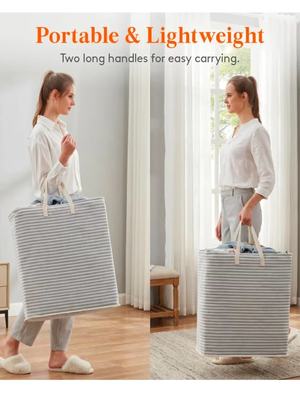 Striped Gray Fabric Laundry Hamper with Handles